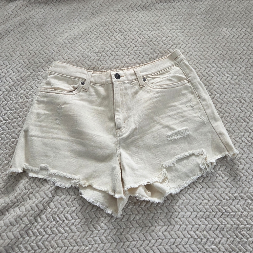 aerie Mid-Rise Raw Hem Cream Denim Shorts